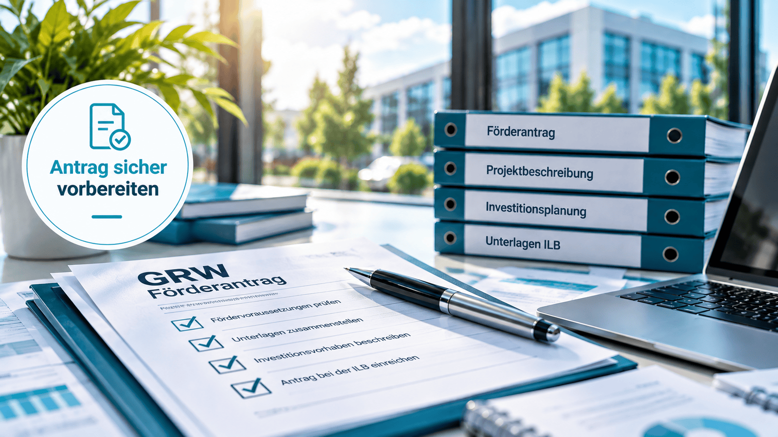 GRW-Förderantrag mit Checkliste und Antragsunterlagen auf einem Schreibtisch. Links der Hinweis „Antrag sicher vorbereiten“.