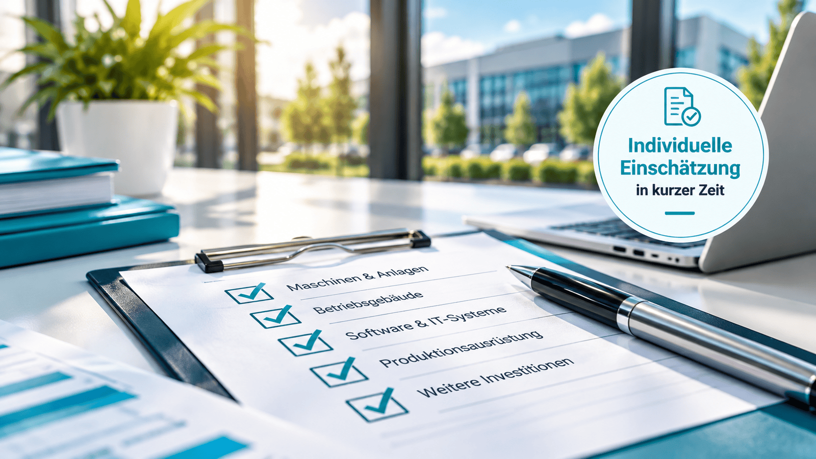Checkliste zur Prüfung förderfähiger Investitionen in Brandenburg mit dem Hinweis „Individuelle Einschätzung in kurzer Zeit“.