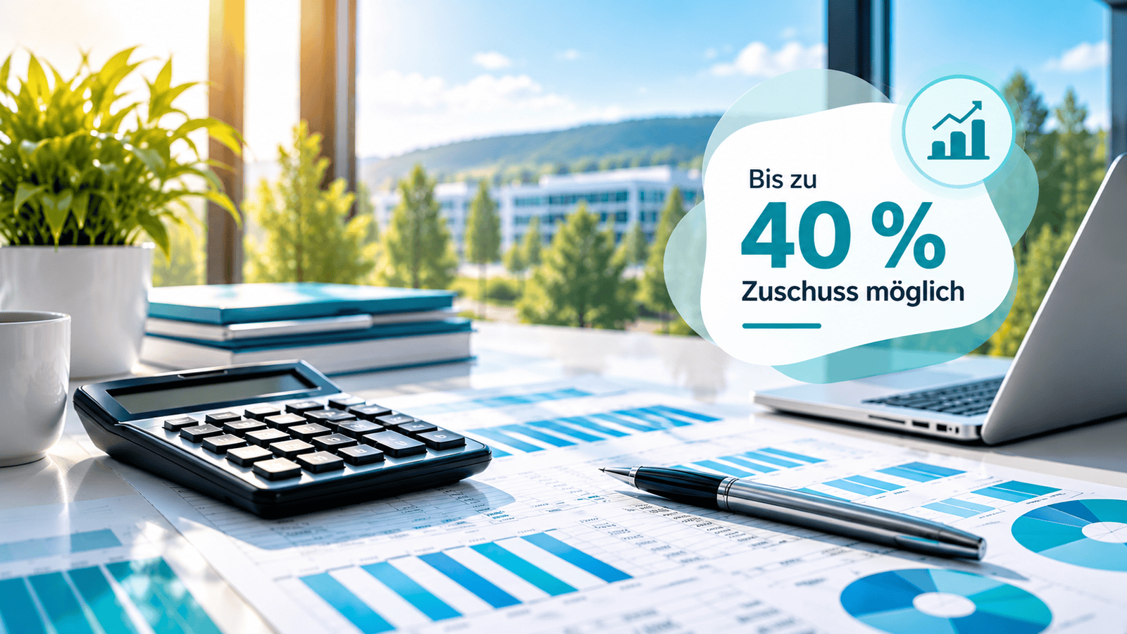Finanzplanung mit Taschenrechner und Diagrammen – GRW-Förderung Thüringen mit bis zu 40 % Investitionszuschuss.