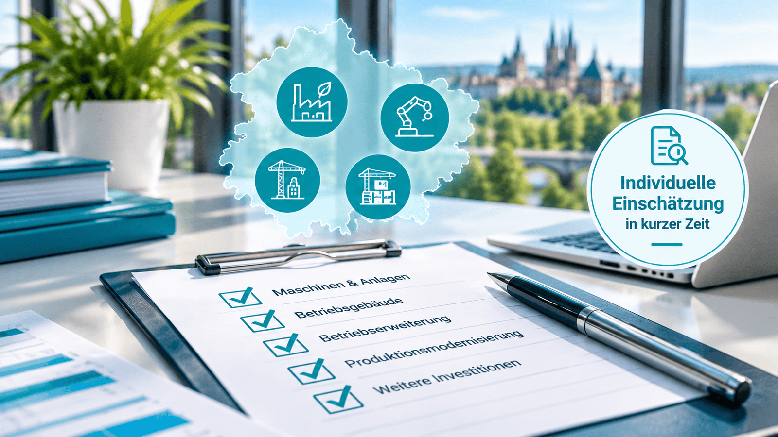 Checkliste zur Prüfung förderfähiger Investitionen in Thüringen mit Maschinen, Betriebsgebäuden und Betriebserweiterungen im Rahmen der GRW-Förderung.