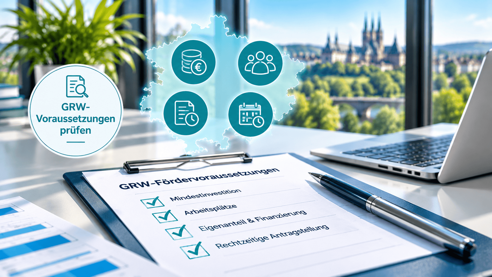 Checkliste zu den GRW-Fördervoraussetzungen in Thüringen mit Mindestinvestition, Arbeitsplätzen, Finanzierung und rechtzeitiger Antragstellung.